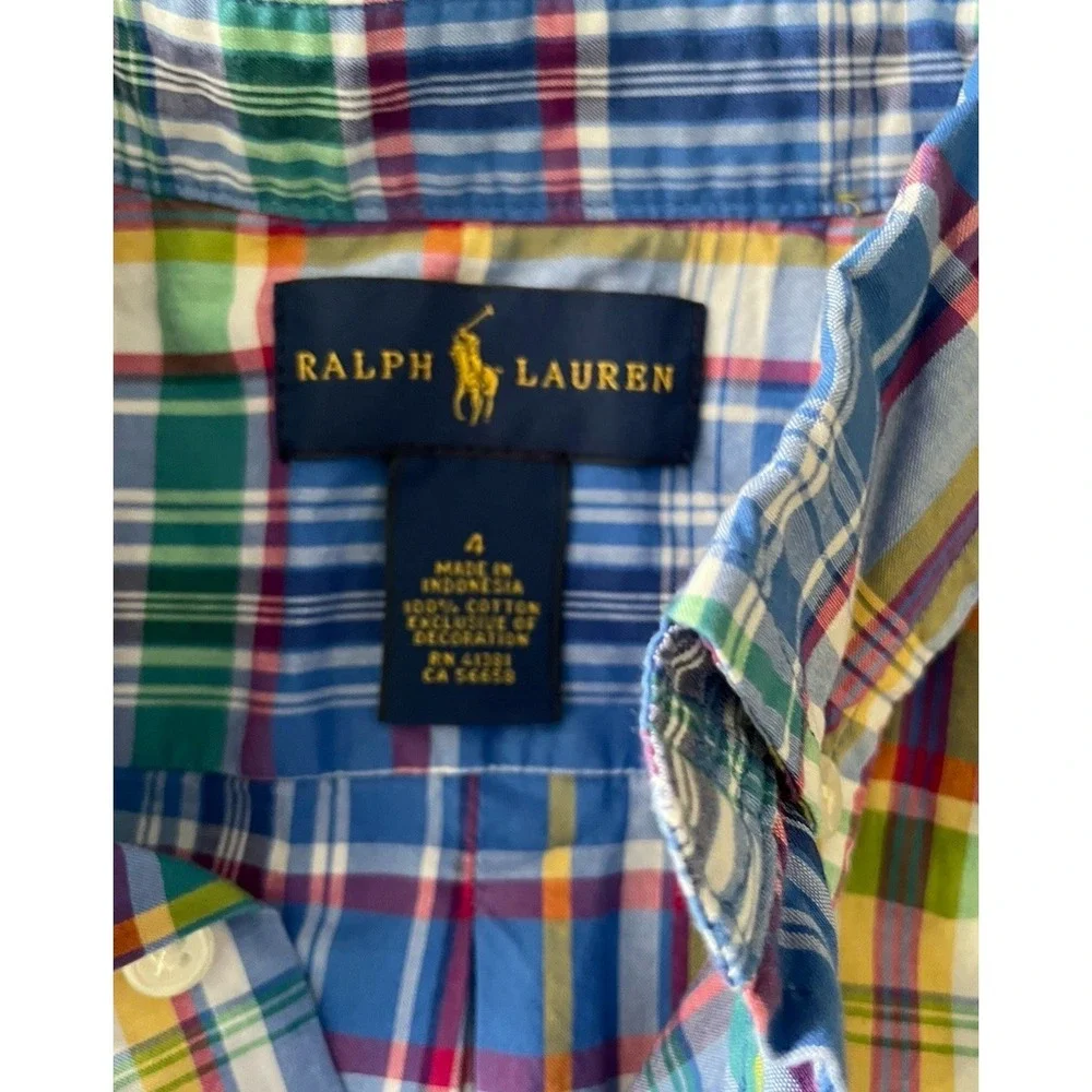 Ralph Lauren Boys Multi Color Plaid Short Sleeve Button Down Shirt Size 4 Cotton